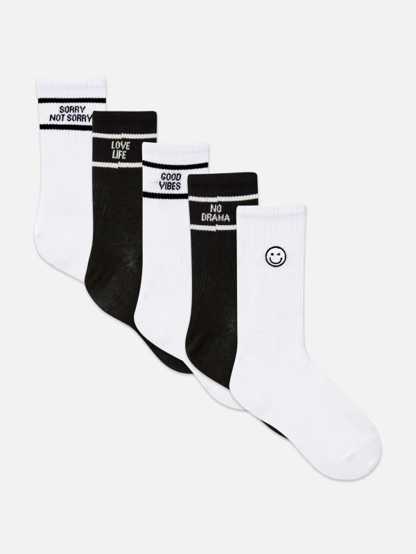 Primark 5-Pack Slogan Crew Socks White/Black Store