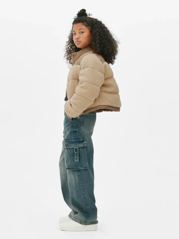 Primark Panelled Borg Puffer Jacket Beige Store