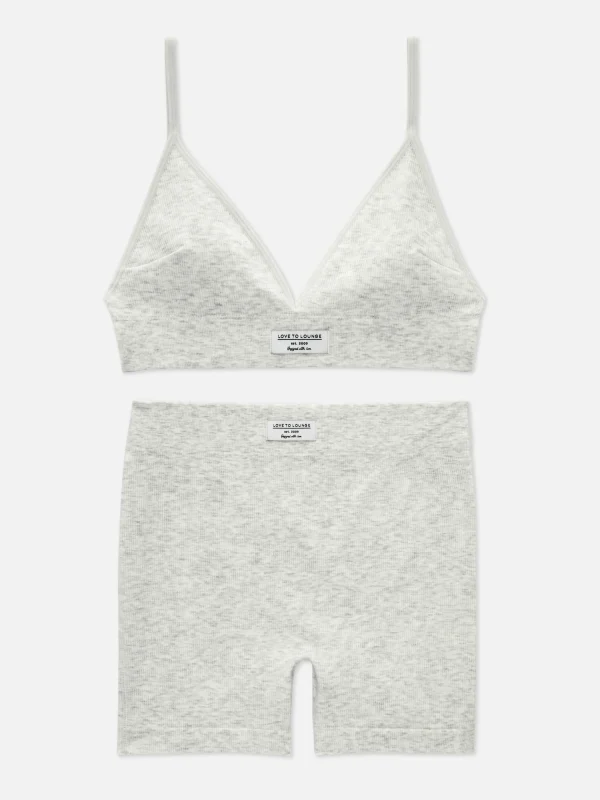 Primark Ribbed Bralette And Shorts Lounge Set Gray Heather New