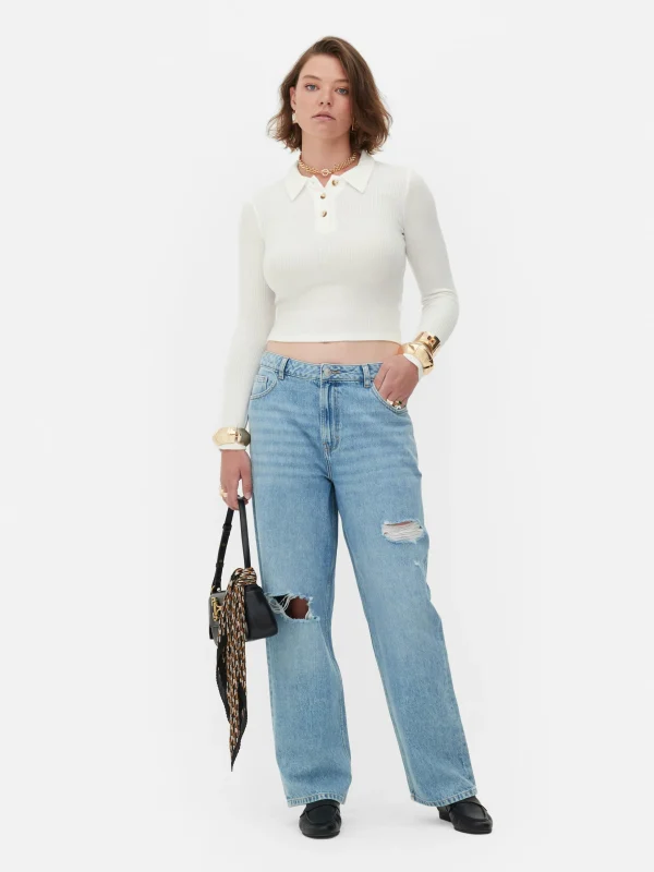 Primark Rita Ora Long Sleeve Ribbed Polo Ivory Outlet