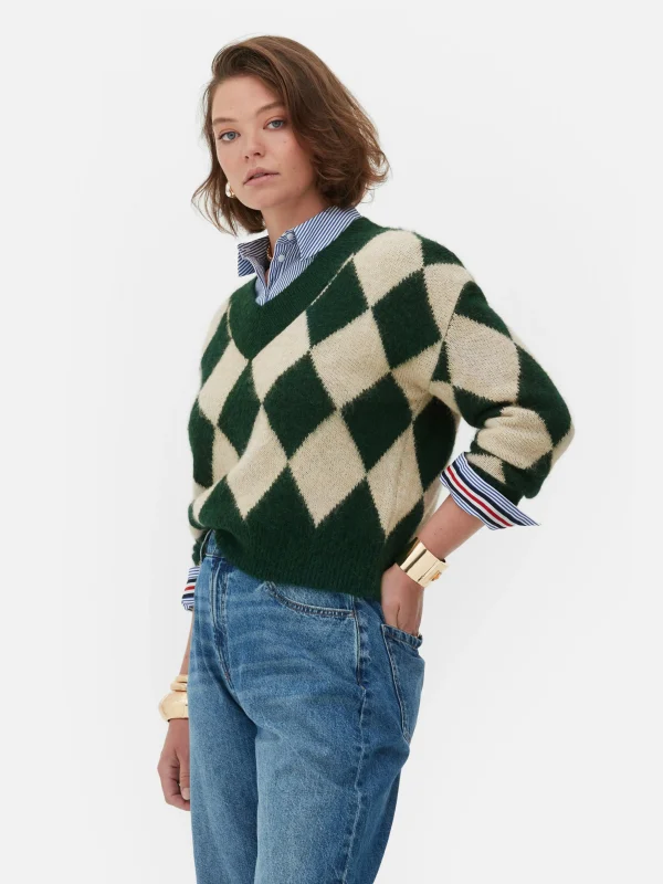 Primark Rita Ora V-Neck Argyle Sweater Dark Green Store