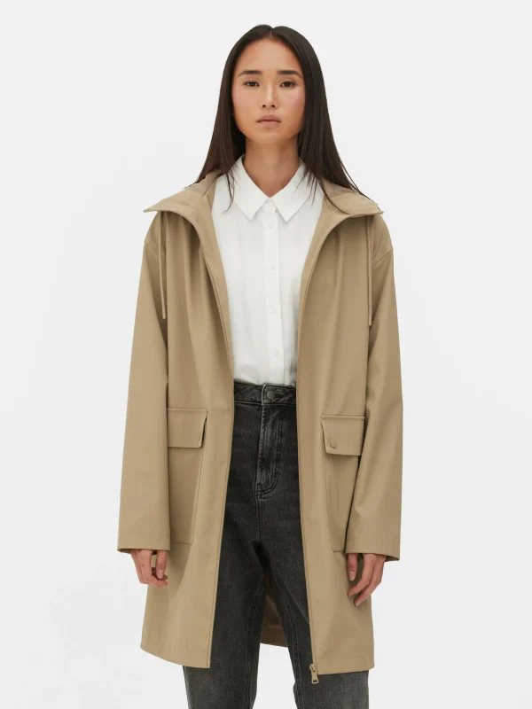 Primark Rubberized Hooded Raincoat Camel New