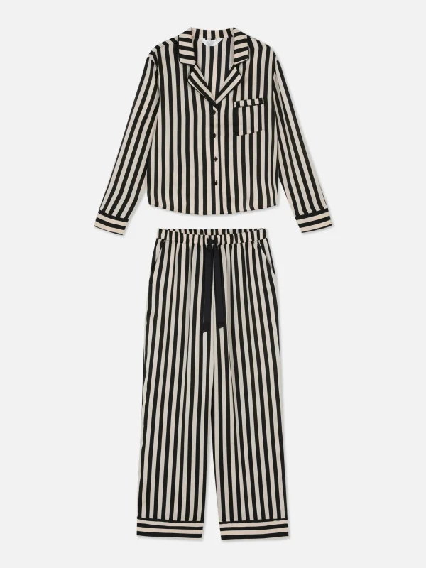 Primark Satin Long Sleeve Pajamas Black/White Shop