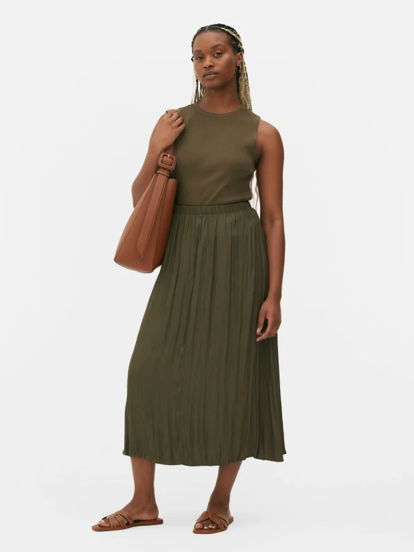 Primark Satin Pleated Midi Skirt Olive Hot