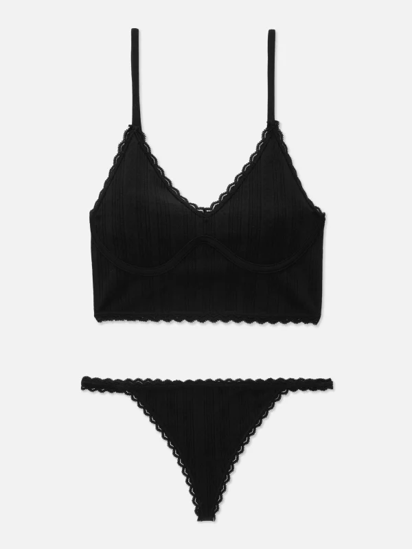 Primark Seamless Pointelle Longline Bralette And Thong Set Black Best