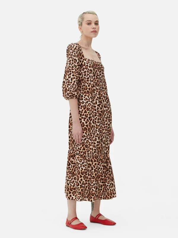 Primark Square Neck Leopard Midi Dress Beige Best
