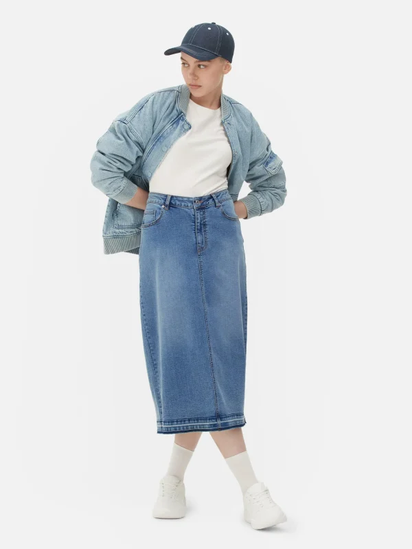 Primark Stretch Denim Midi Skirt Mid Blue Clearance