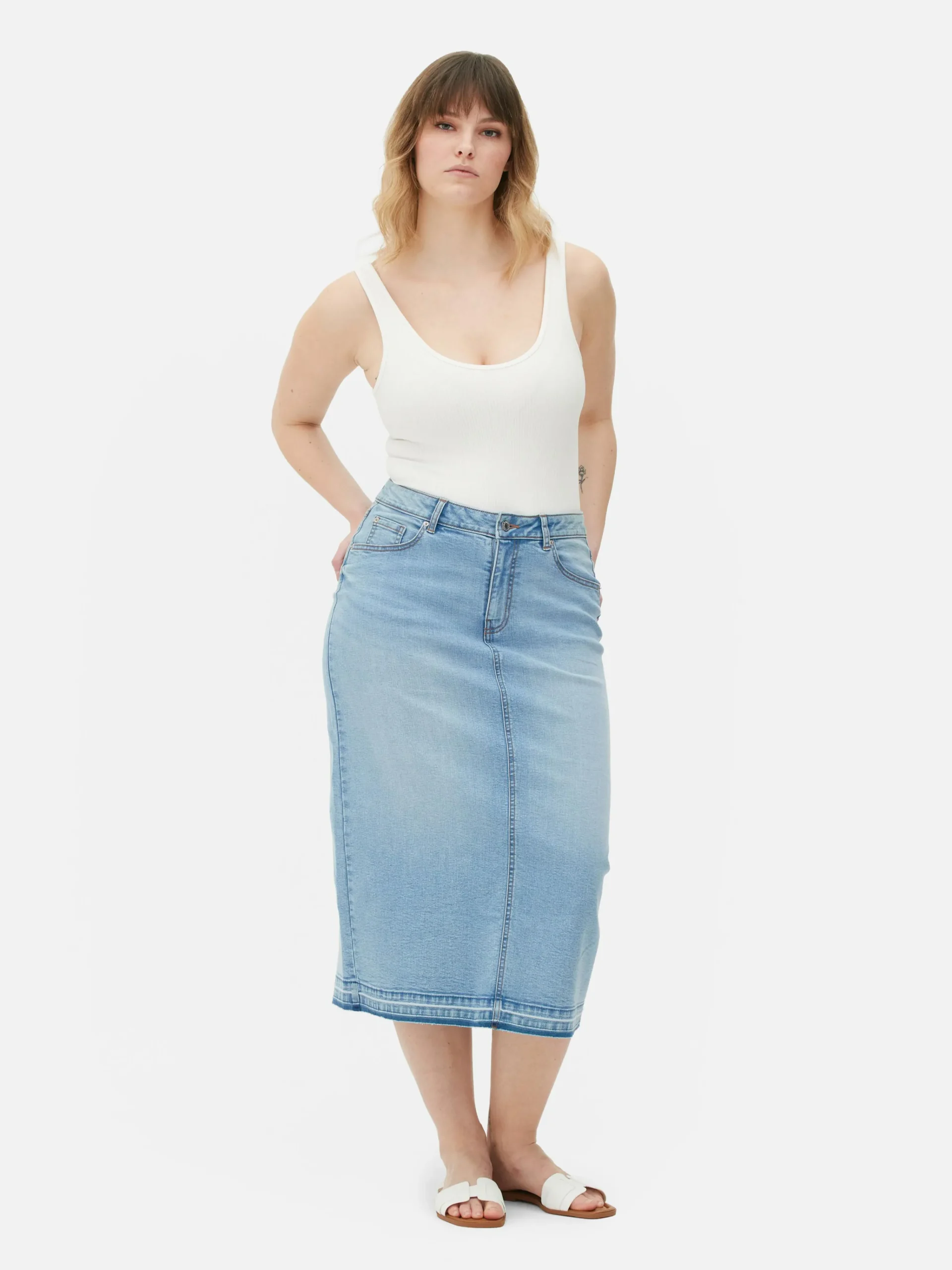 Primark Stretch Denim Midi Skirt Light Blue Online