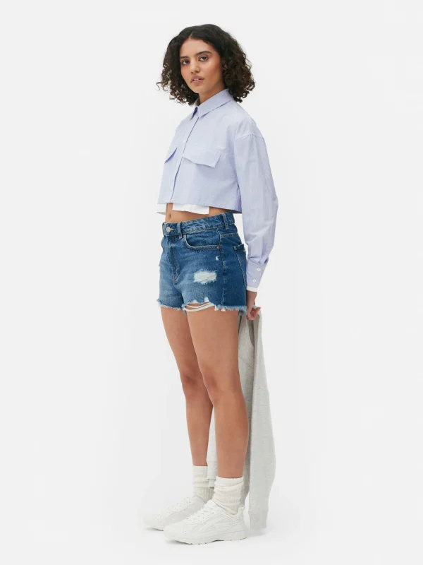 Primark Striped Crop Utility Shirt Blue Cheap