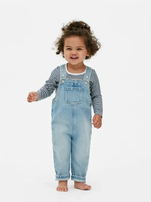 Primark Striped Long Sleeve T-Shirt And Denim Overalls Set Mid Blue Flash Sale