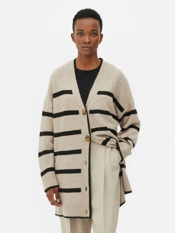 Primark Striped Longline Cardigan Beige Best Sale