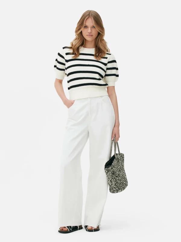 Primark Striped Puff Sleeve Pullover Ivory Cheap