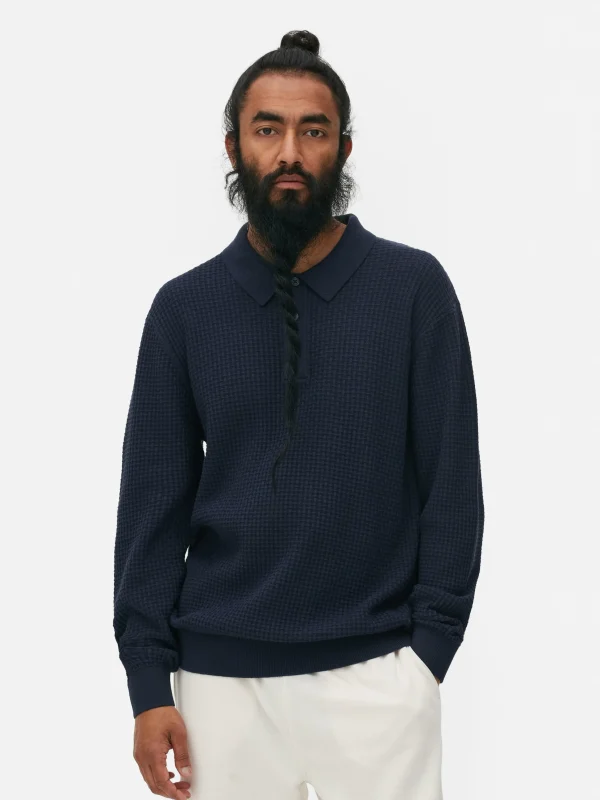 Primark Textured Polo Sweater Navy Hot