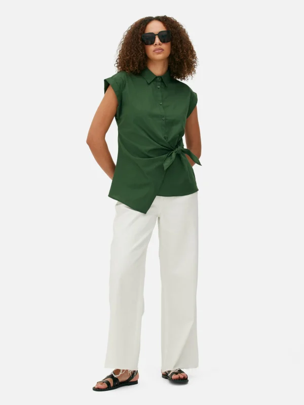Primark Tie Front Cap Sleeve Shirt Green Discount