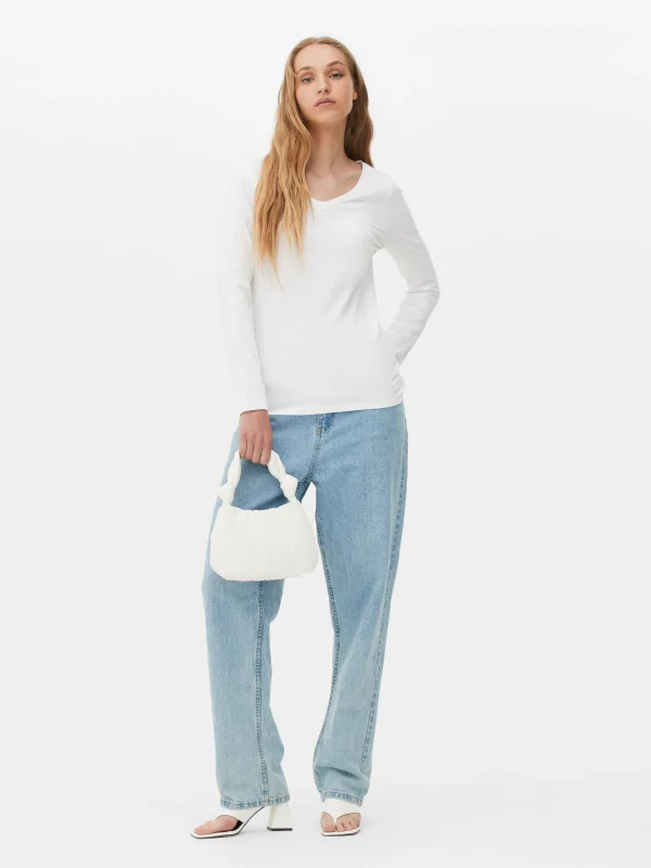 Primark V-Neck Long Sleeve Top White Clearance