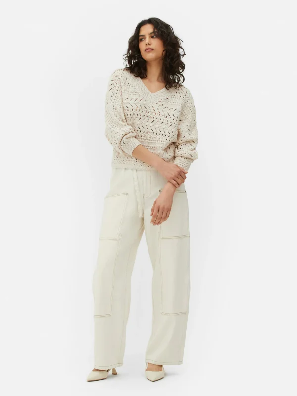 Primark V-Neck Pointelle Knit Sweater Beige Hot