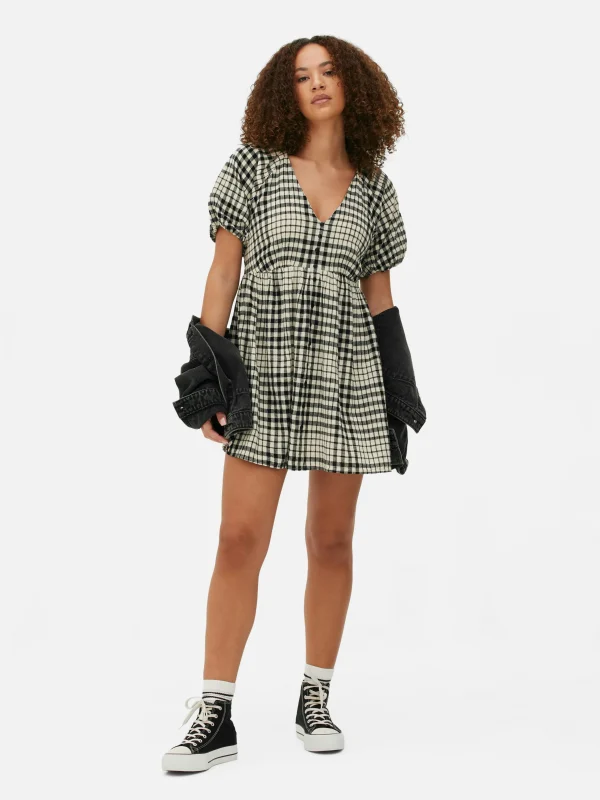 Primark V-Neck Puff Sleeve Smock Dress Black/White Store