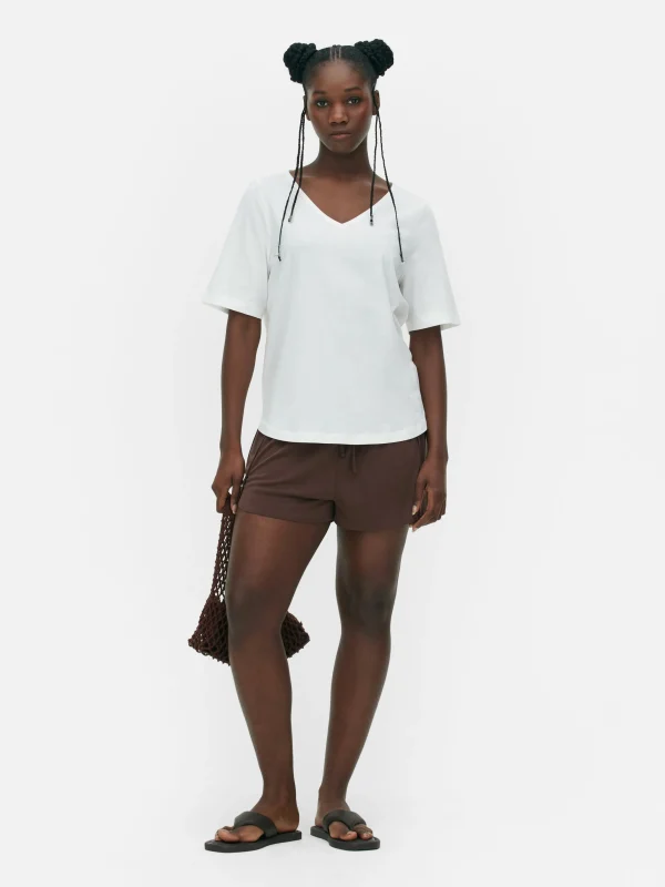 Primark V-Neck Short Sleeve T-Shirt Ivory Cheap